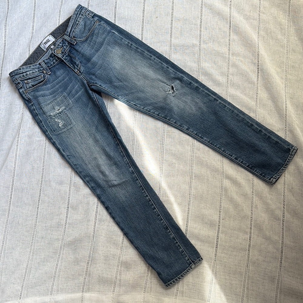 PAIGE Skyline Ankle Peg Blue Jeans with Distressed Details